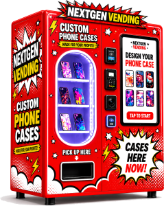 NextGen Vending Co red comic-book style custom phone case vending machine, transparent background, with NFC tap-to-pay, touchscreen design kiosk, and printed case display shelves
