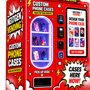 NextGen Vending Co red comic-book style custom phone case vending machine, transparent background, with NFC tap-to-pay, touchscreen design kiosk, and printed case display shelves
