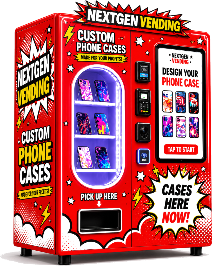 NextGen Vending Co red comic-book style custom phone case vending machine, transparent background, with NFC tap-to-pay, touchscreen design kiosk, and printed case display shelves