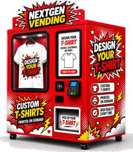NextGen Vending Co red comic-book style custom t-shirt vending machine, transparent background, with hanging printed t-shirt display, NFC tap-to-pay, and touchscreen design kiosk