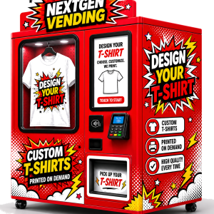 NextGen Vending Co red comic-book style custom t-shirt vending machine, transparent background, with hanging printed t-shirt display, NFC tap-to-pay, and touchscreen design kiosk