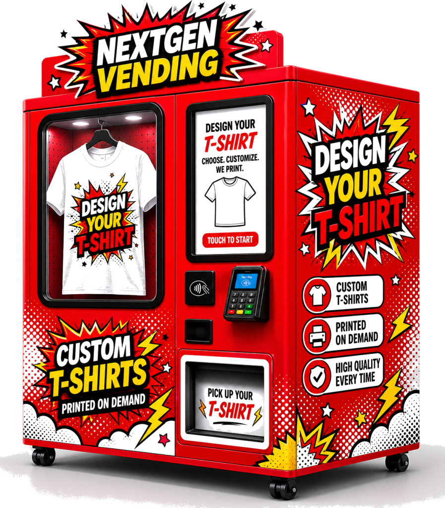 NextGen Vending Co red comic-book style custom t-shirt vending machine, transparent background, with hanging printed t-shirt display, NFC tap-to-pay, and touchscreen design kiosk
